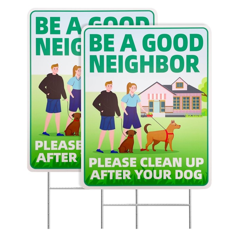 Clean Up After Your Dog Signs, 2 Pack 12″x9″ with Metal H-Stakes Be a Good Ne…