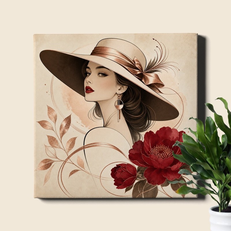 Lady in Hat Line Drawing Canvas Art gold accents with red lips and floral detail
