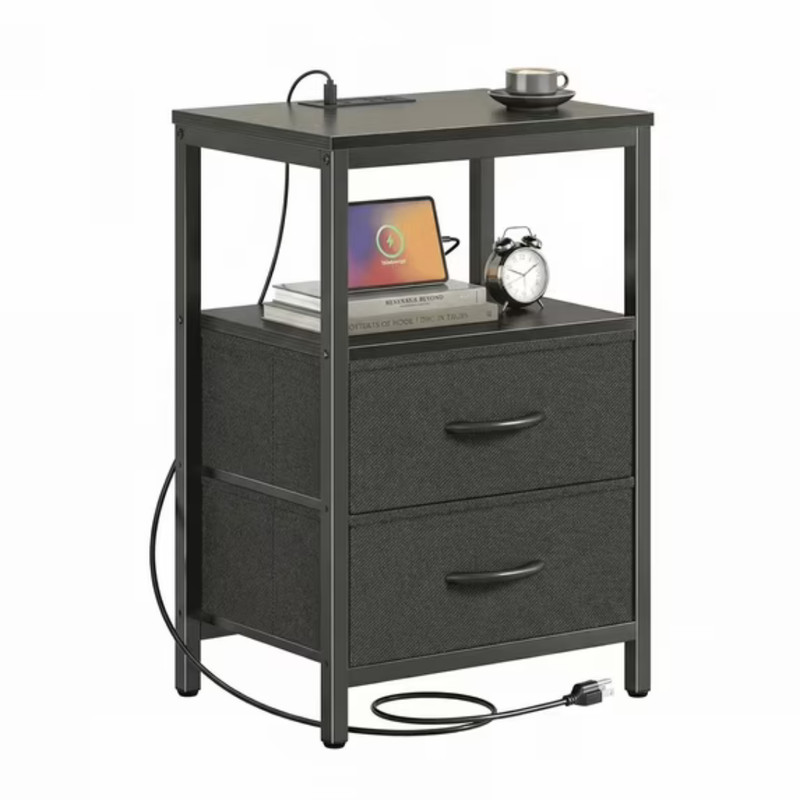 Bedside Table Charging Station Nightstand with Fabric Drawers, End Side Table