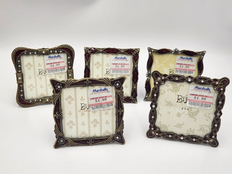 Vintage Lot of 5 Bijou Square Ornate Metal Red/Clear Rhinestone 4″ X 4″ Frames