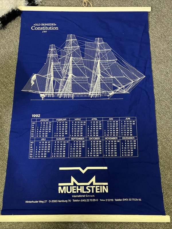 Vtg 1992 Maritime Old Ironside Ship Ad Linen Cloth Wall Calendar Hanging 19×29”