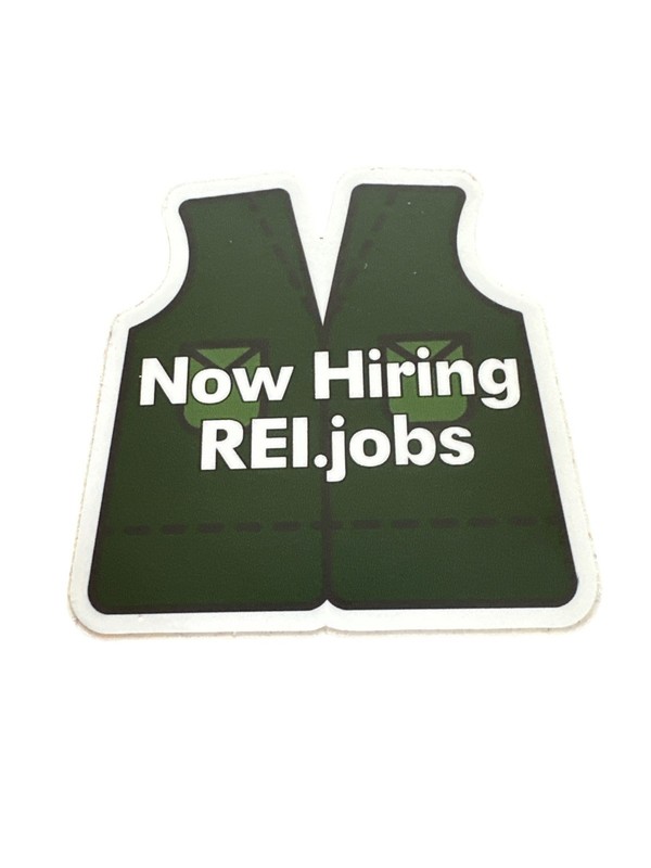 Original REI Green Vest Now Hiring REI.jobs Sticker Decal 3 Inch