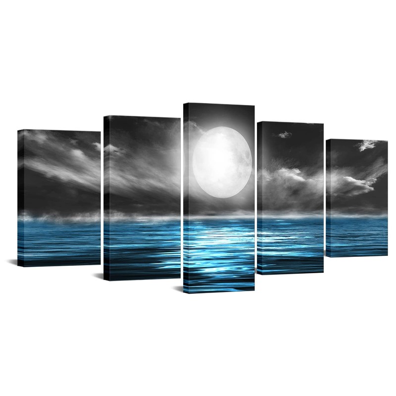 Large Full Moon Picture 5 Pieces Wall Art Black and Blue Painting Canvas Prin…