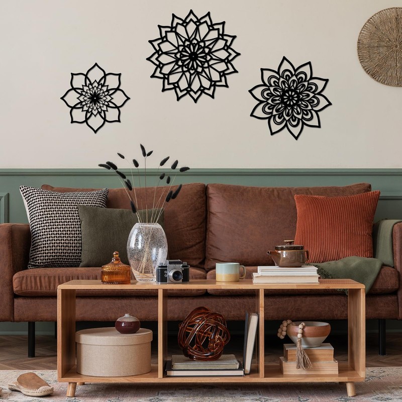 3 Pieces Metal Flowers Wall Decor, Black Wall Art Decors Sunburst Mandala Boh... gallery