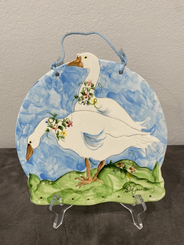 Vintage SIGNED Ceramic Hand Painted Wall Plaque Decoration Ducks Swans w Holes