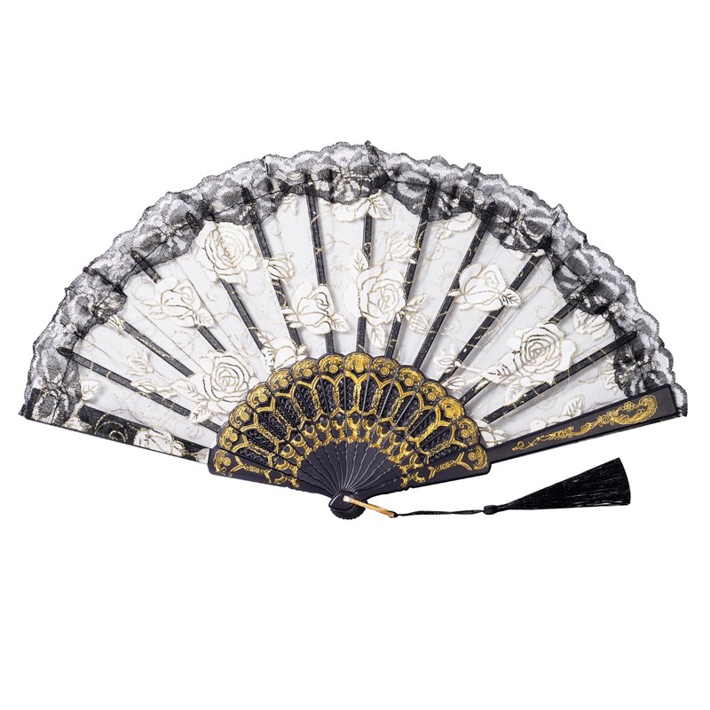Sepwedd 30Pcs Black Rose Lace Floral Folding Hand Fans Chinese Retro Folding gallery