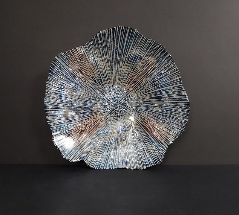 Vintage Art Glass Centerpiece Bowl Reverse HandPainted LARGE 15” Blue Red Silver gallery