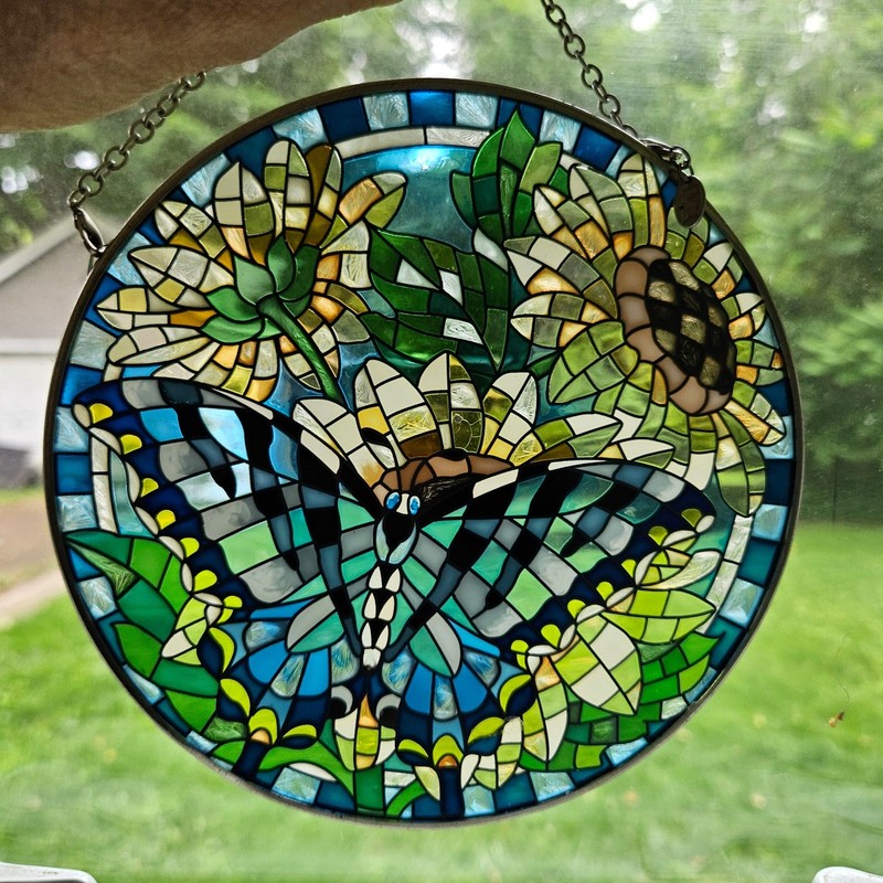 Amia Butterfly & Sunflower Stained Glass Suncatcher 6.5″ Round Window Panel
