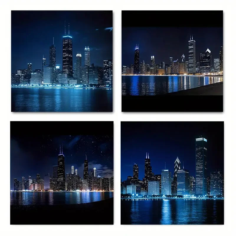 4pcs Chicago Night Skyline Wall Art Canvas Unframed/Framed