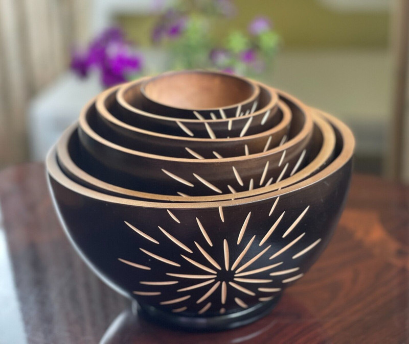 Decorative Wooden Nesting Bowls Stackable Rustic Farm House Cabin Set of 6