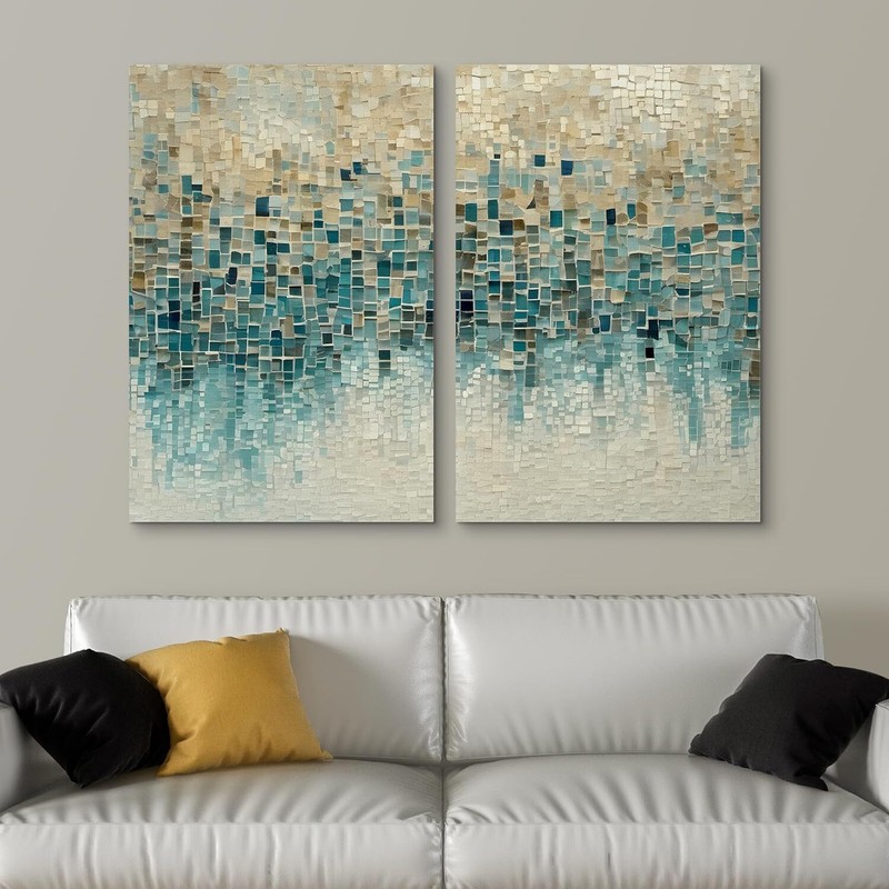 Wall26 Geometric Mosaic Abstract Wall Art Blue and Beige Canvas Prints gallery
