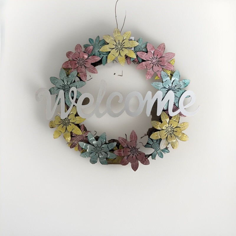 17 Inch Metal Flower Wreaths Front Door Welcome Sign Floral Wreath Iron Spring!