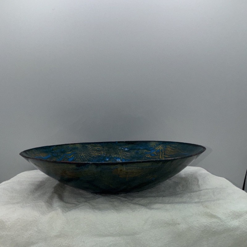 Enamel Over Copper Bowl 8” Abstract Blue Gold Studio Art Mid Century Modern gallery