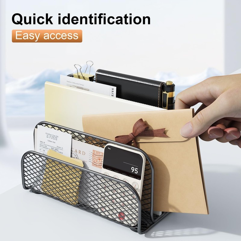 Versatile Tabletop Mail Organizer - Durable 3-Slot Metal File Holder in Black gallery