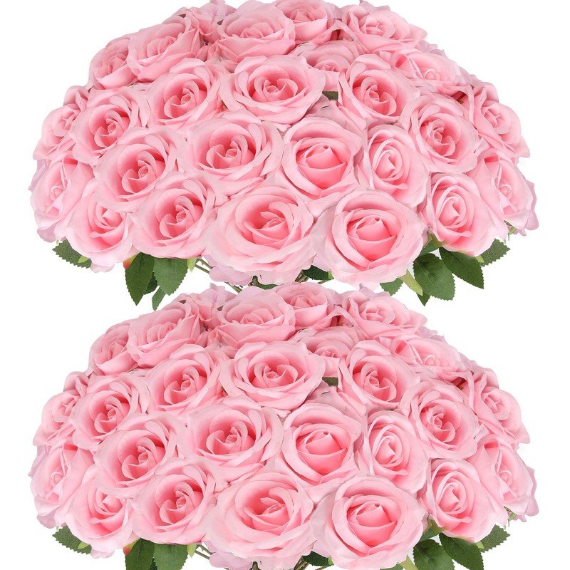 Artificial Roses Bulk Pink Silk Rose with Stem, 52pcs Fake Flowers Decoration... gallery