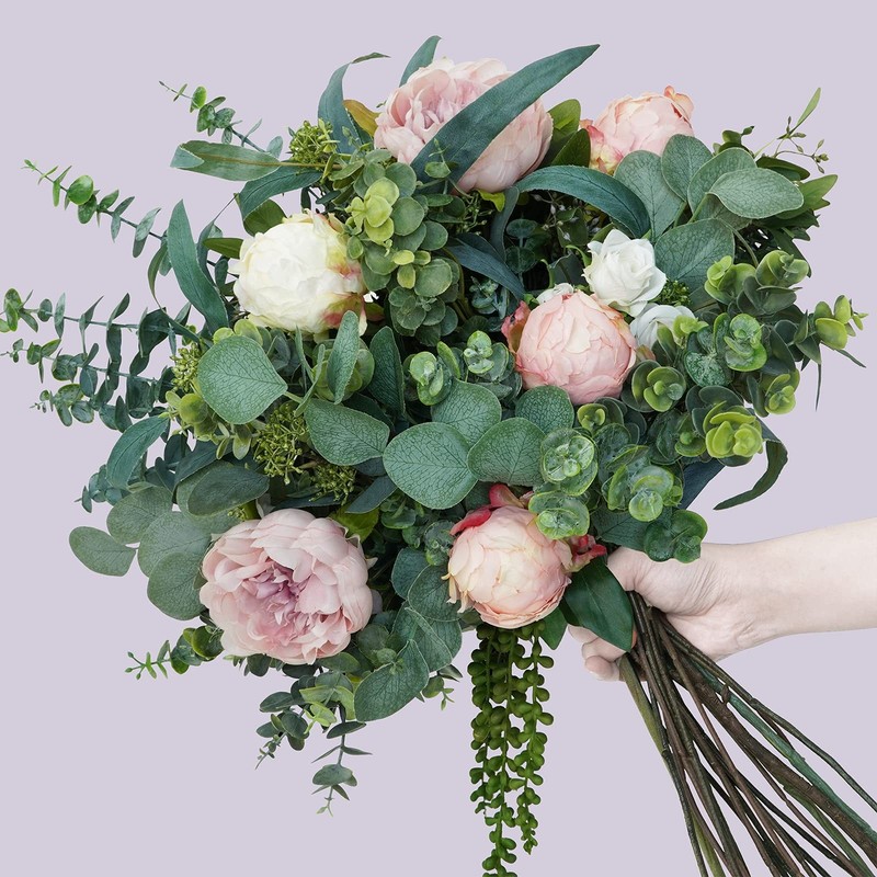 20 Pcs Mixed Artificial Oval Eucalyptus Leaves Bulk with White Seeds Stems an... gallery