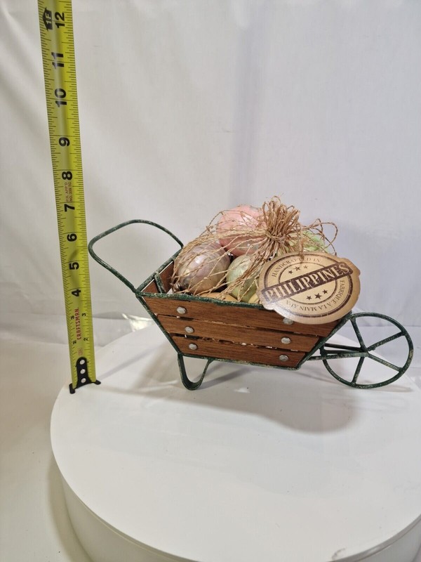 Wood And Metal Tabletop WHEELBARROW with Easter Eggs, Handmade In Philippines,B9 gallery
