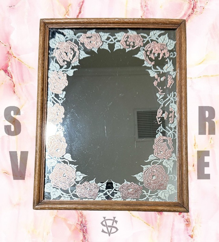 Vintage AMERICAN GLASS ART AGA Wood Framed Copper Plated Floral Wall Mirror Core gallery