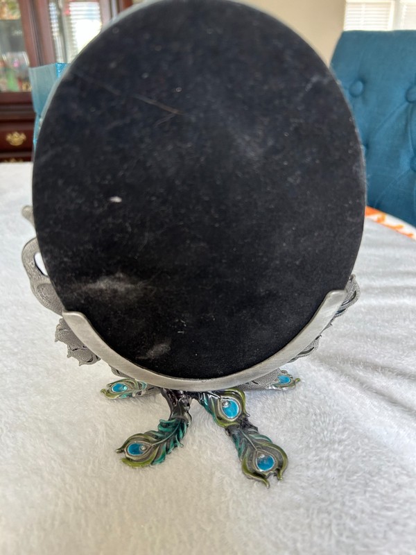Enamel hand painted peacock decorative oval standing dresser mirror 8" gallery