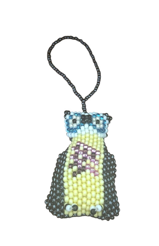 Spirit of Nature Ornament- OWL – seed beads -black yellow blue white pink