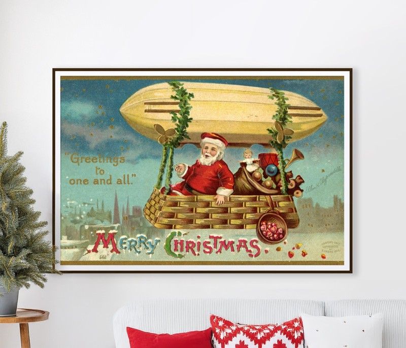 1909 Santa in a Blimp Poster: Vintage Christmas Art, Toys, Holiday Decoration