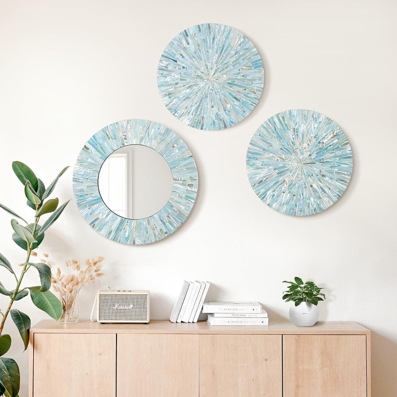 Natural Mother of Pearl Wall Mirrors Set, 3PCS Coastal Beach Decor, Handmade Art