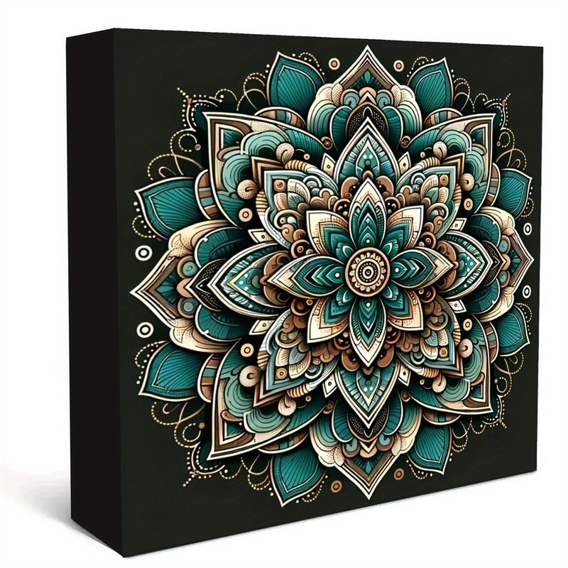 Teal Gold Lotus Mandala Wooden Box Sign Boho Zen Floral Home Office Shelf Decor