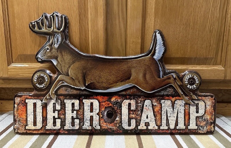 Deer Camp Metal Sign Hunting Cabin Bow Arrow Gun Bullet Vintage Style Wall Decor