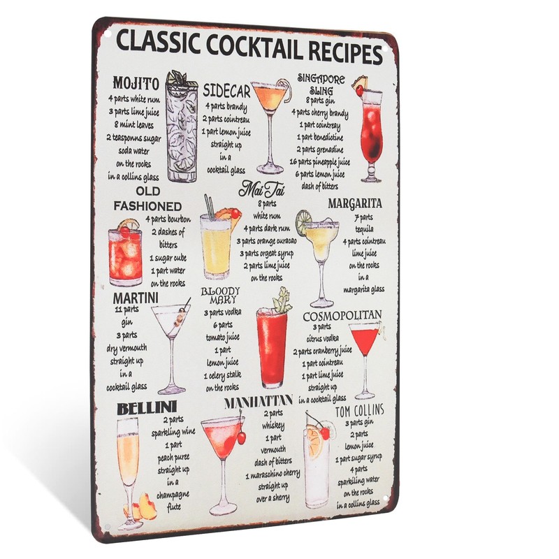 Metal Cocktail Recipes Wall Sign Vintage Poster, Kitchen Art Luau Party Supplies