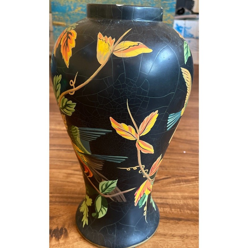 Vintage Black Chinoiserie Style Vase & Wall Plate Set Bird Floral Decor Bundle gallery