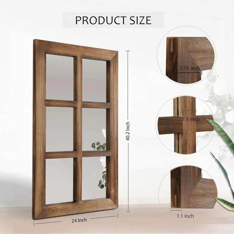 Farmhouse Distressed Wood Windowpane Mirror - Rustic Wall Decor 40"x24 gallery