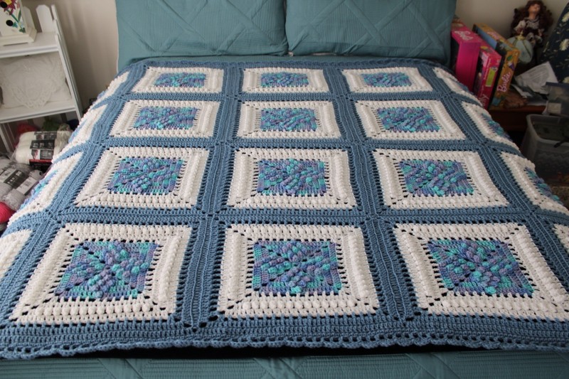 Granny Square Afghan Blanket Hand Crocheted Country Blue White Variegated Center