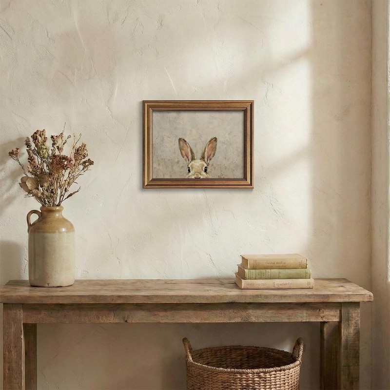 Gold Framed Vintage Easter Bunny Wall Art - Muted Spring Rabbit Oil Painting ... gallery