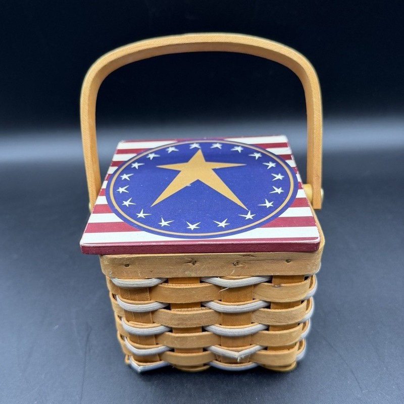 Coyne’s & Company Patriotic Square Wood Basket with Star Lid, Handle, Small