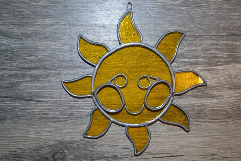 Vintage Stained Glass Happy Sun Suncatcher Yellow Amber Window Decor Handmade