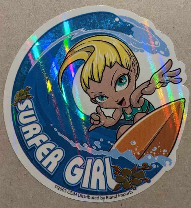 2003 Y2K ODM ZUM Brand Imports Prism Holo Girl Power Vending Sticker SURFER GIRL