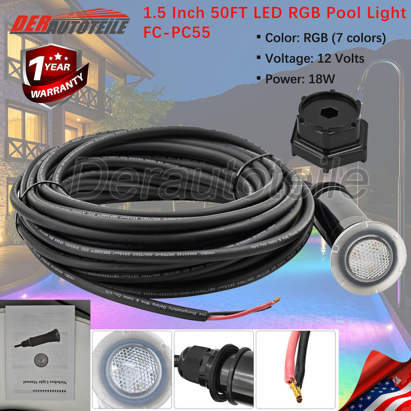 50 ft 18W 12V LED RGB 1.5 Pool Light Fit Pentair GloBrite Pentair IntelliTouch