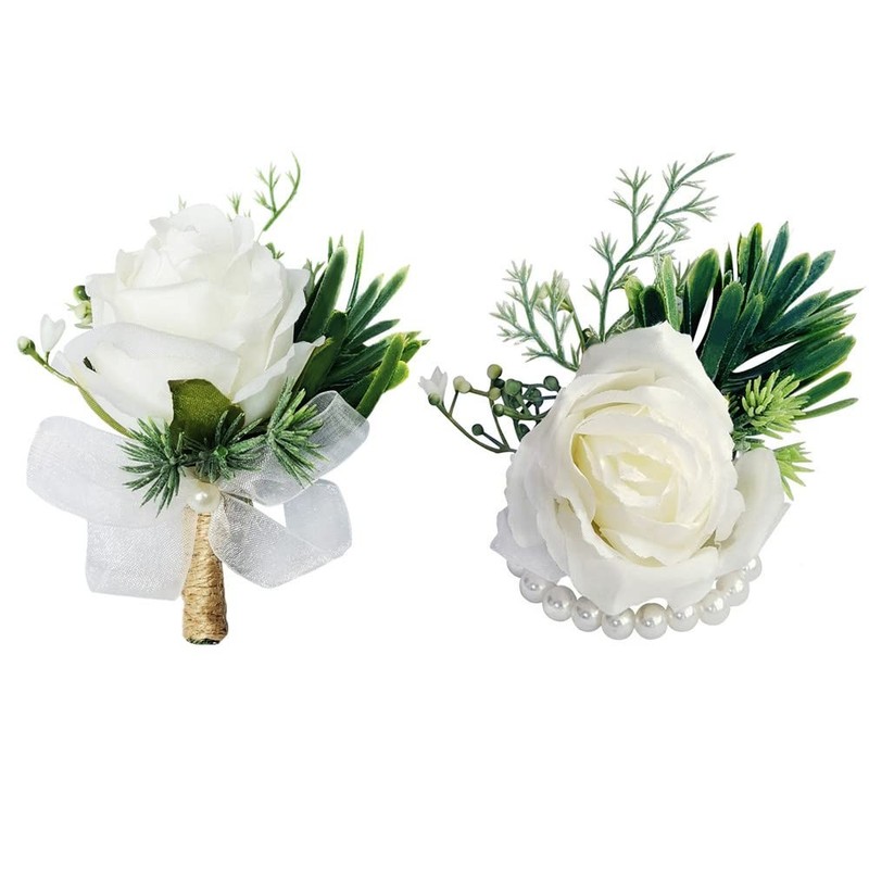 2Pcs White Rose Wrist Corsage and Boutonniere Set with Pins,Handmade Artifici…