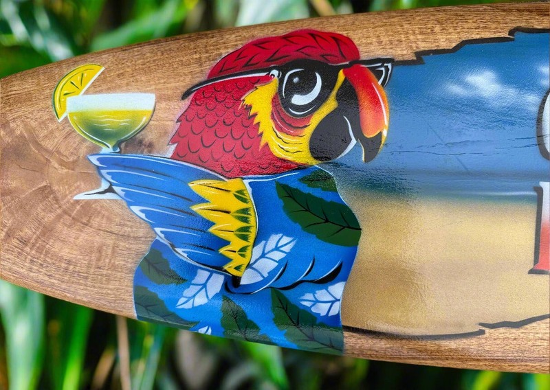 Welcome To Paradise Parrot Airbrushed Surfboard Wall Plaque 39"x 10" gallery