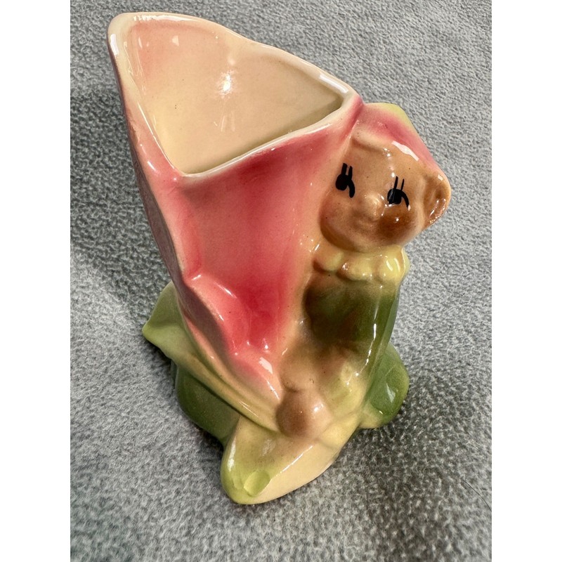 Vintage Ceramic Pixie Elf Flower Bud Vase Mid Century Kitsch Pink Green Planter