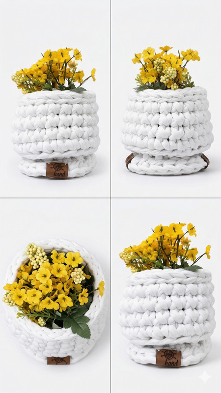 Handmade Chunky Knit Basket with Decorative Flowers
