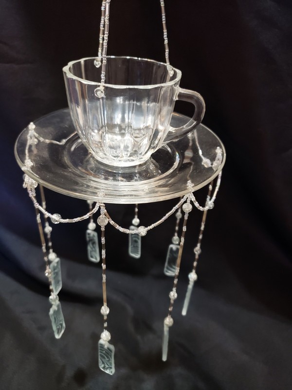 Repurposed Tea Cup Windchime with Stained Glass Window Hanging Indoors gallery