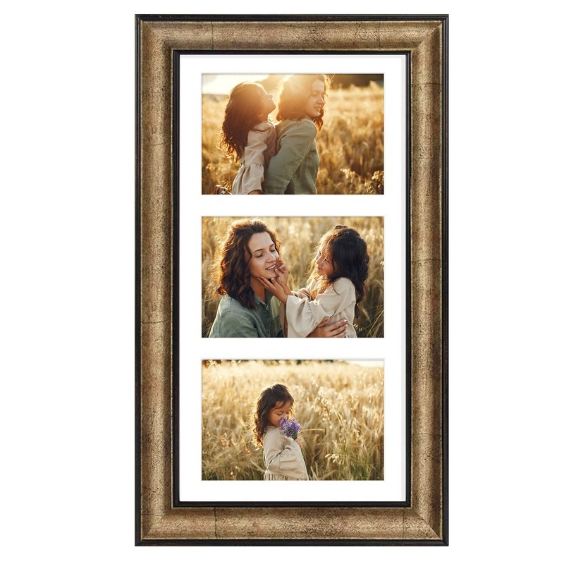 Frametory, 7×14 Picture Frame – for Three 4×6 Photos, Three Opening White Mat –