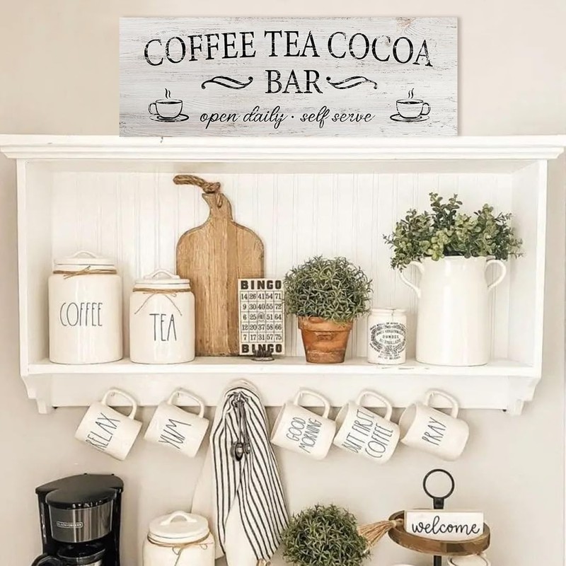 Coffee Tea Cocoa Bar Sign Decor Farmhouse Wall Plaque with Wood Grain Retro Cafe gallery