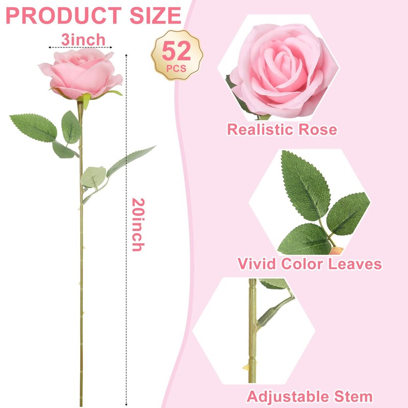 Artificial Roses Bulk Pink Silk Rose with Stem, 52pcs Fake Flowers Decoration... gallery