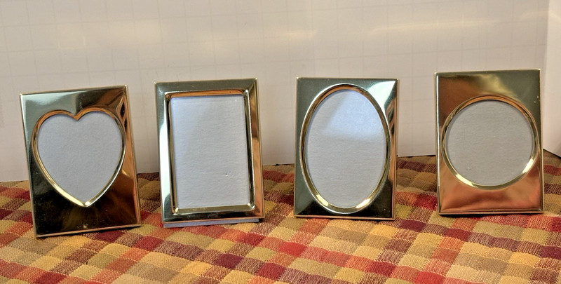 4 mini brass picture frames heart, oval, round rectangle set