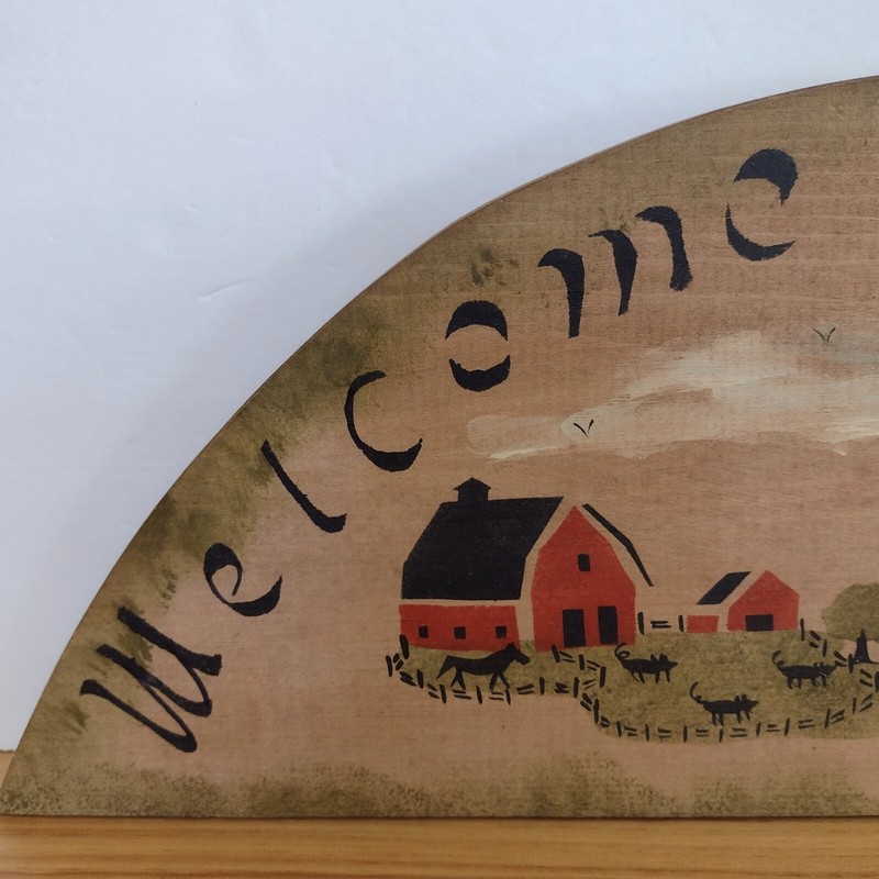 Vintage Primitive Folk Art Painted Arched Wood Wall Plaque Welcome Friends Farm gallery