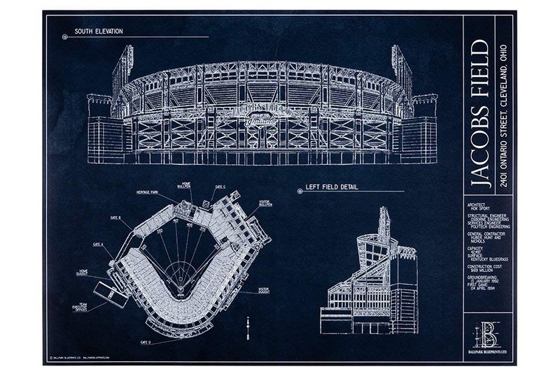 Jacobs Field Blueprint Style Print (Unframed, 18″ H x 24″ W)