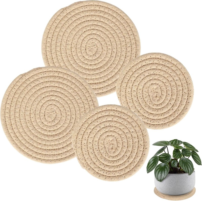 4 PCS Plant Coasters 4 & 7 Inch Woven Plant Saucer Coaster for Gardening Indoor