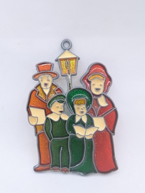 Vtg Carolers Faux Stained Glass Look Plastic 5" Christmas Ornament Suncatcher gallery